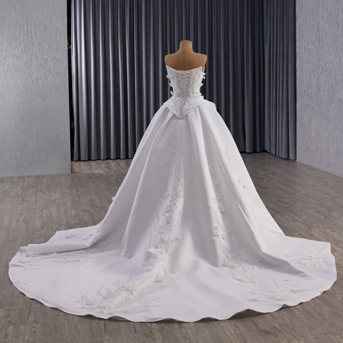 Elegant Strapless White Wedding Dress With Floral Embroidery Lace Up Back And Long Train Suitable For Bride Formal Ceremony And Reception - Image 7