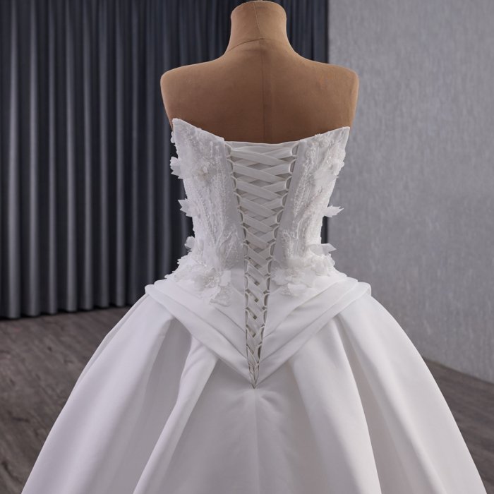 Elegant Strapless White Wedding Dress With Floral Embroidery Lace Up Back And Long Train Suitable For Bride Formal Ceremony And Reception - Image 4