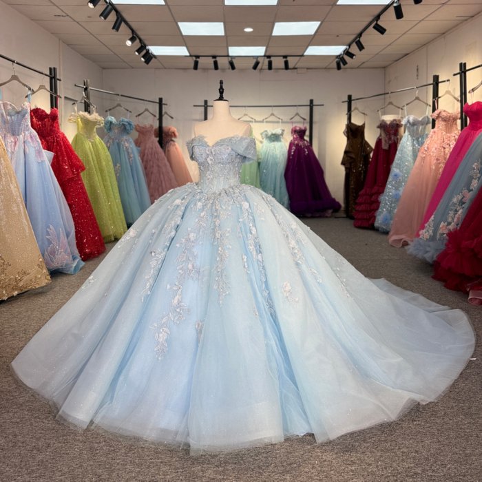 Gorgeous Light Blue Ball Gown Quinceanera Dress Off The Shoulder Appliques Crystal Lace Up Vestido De Quinceanera - Image 5