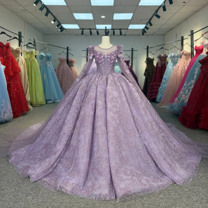 Gorgeous Purple Quinceanera Dress Long Sleeve Beaded Appliques Lace Up Vestido De Quinceanera