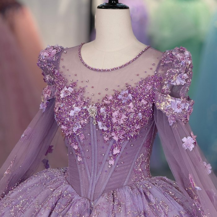 Gorgeous Purple Quinceanera Dress Long Sleeve Beaded Appliques Lace Up Vestido De Quinceanera - Image 3