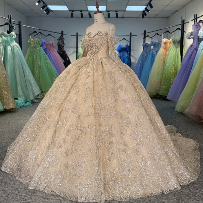 2025 Gold Quinceanera Dress Sweet 15 Quinceañera Flowers Vestidos De 15 Años Sequined Beading Lace Evening Party Dress 6851 - Image 5