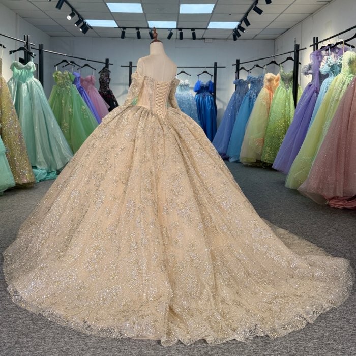 2025 Gold Quinceanera Dress Sweet 15 Quinceañera Flowers Vestidos De 15 Años Sequined Beading Lace Evening Party Dress 6851 - Image 6