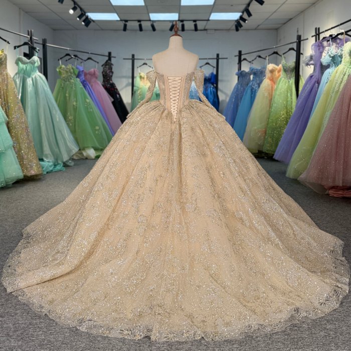 2025 Gold Quinceanera Dress Sweet 15 Quinceañera Flowers Vestidos De 15 Años Sequined Beading Lace Evening Party Dress 6851 - Image 2