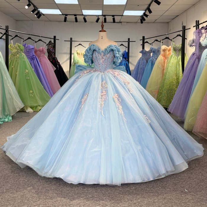 2025 Sky Blue Quinceanera Dress Sweet 15 Quinceañera Flowers Azul Vestidos De 15 Años Sequined Beading Lace Evening Party Dress 6860