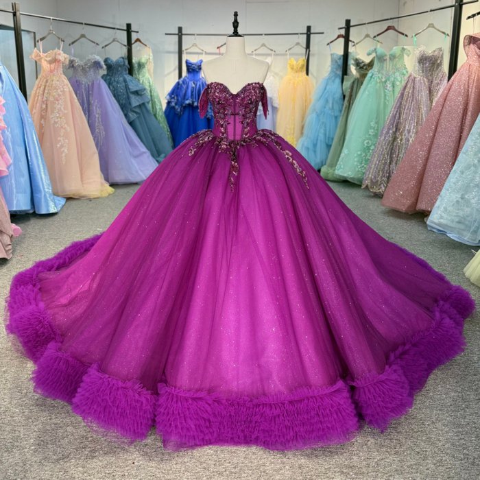 2025 Dark Purple Quinceanera Dress Sweet 15 Quinceañera Flowers Vestidos De 15 Años Sequined Beading Lace Evening Party Dress 6863