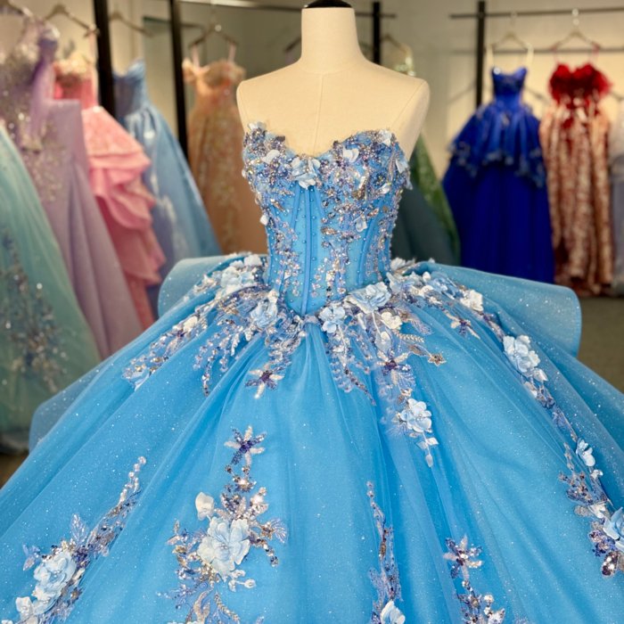 2025 Blue Quinceanera Dress Strapless Sweet 15 Quinceañera Flowers Azul Vestidos De 15 Años Sequined Beading Lace Evening Party Dress 6865 - Image 5