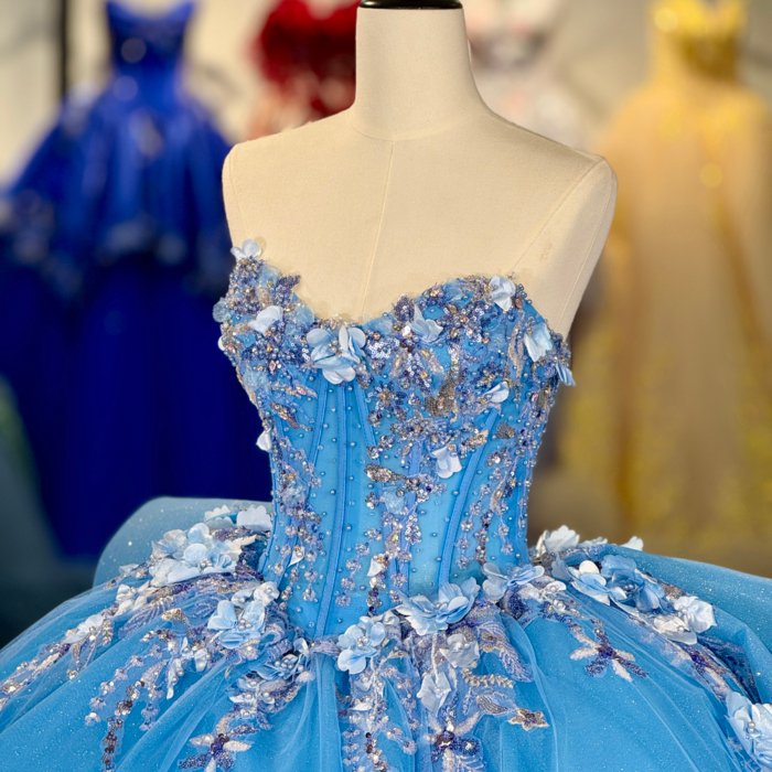 2025 Blue Quinceanera Dress Strapless Sweet 15 Quinceañera Flowers Azul Vestidos De 15 Años Sequined Beading Lace Evening Party Dress 6865 - Image 3
