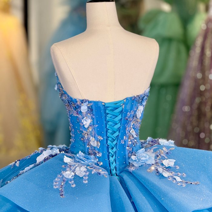 2025 Blue Quinceanera Dress Strapless Sweet 15 Quinceañera Flowers Azul Vestidos De 15 Años Sequined Beading Lace Evening Party Dress 6865 - Image 4