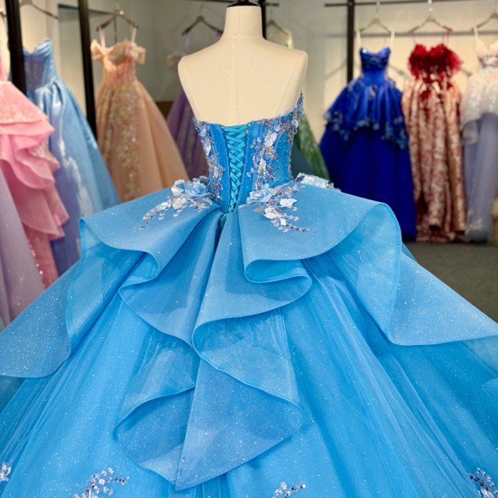 2025 Blue Quinceanera Dress Strapless Sweet 15 Quinceañera Flowers Azul Vestidos De 15 Años Sequined Beading Lace Evening Party Dress 6865 - Image 6