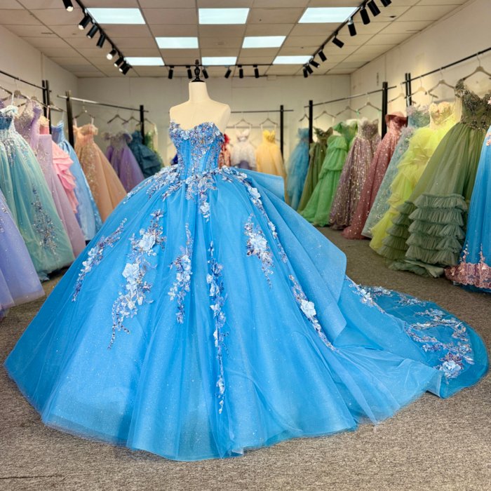 2025 Blue Quinceanera Dress Strapless Sweet 15 Quinceañera Flowers Azul Vestidos De 15 Años Sequined Beading Lace Evening Party Dress 6865