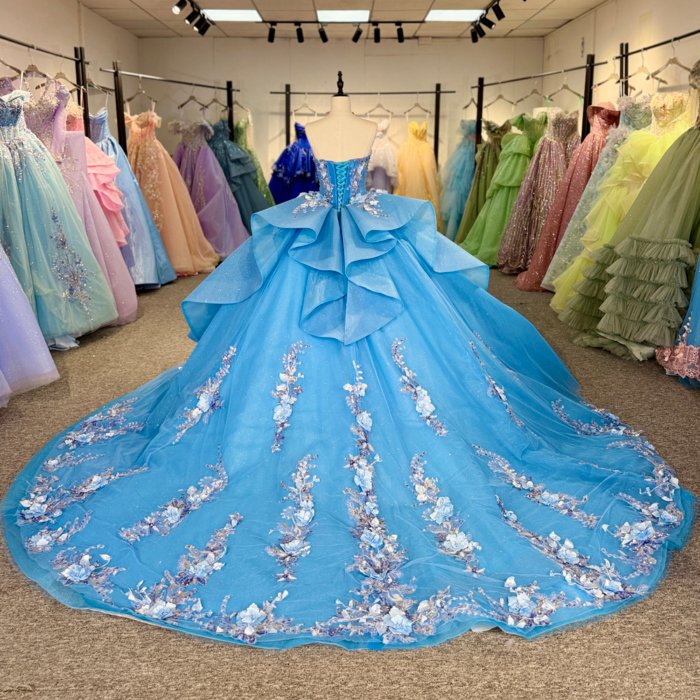 2025 Blue Quinceanera Dress Strapless Sweet 15 Quinceañera Flowers Azul Vestidos De 15 Años Sequined Beading Lace Evening Party Dress 6865 - Image 2