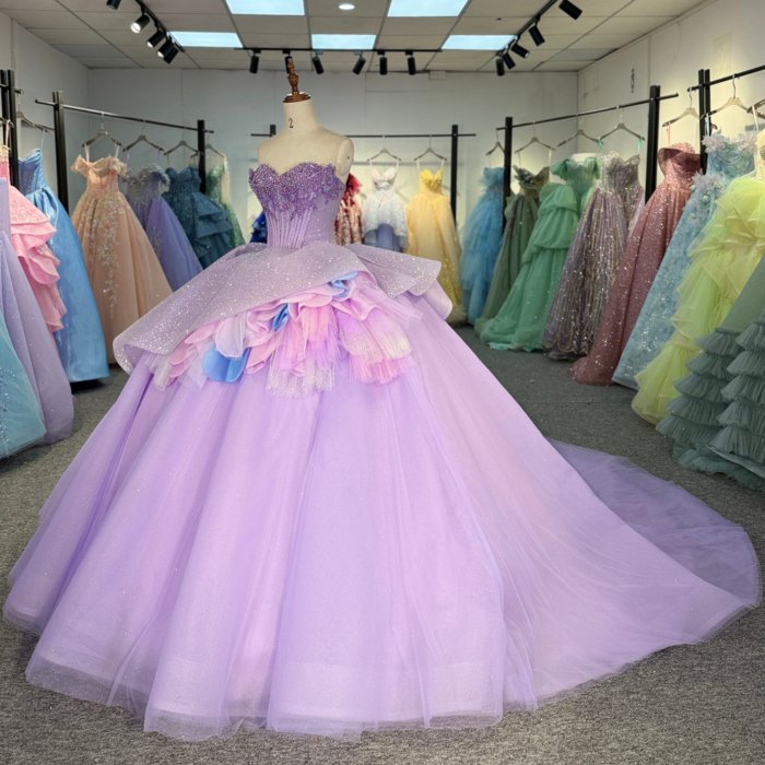 2025 Purple Quinceanera Dress Sweet 15 Quinceañera Flowers Vestidos De 15 Años Sequined Beading Lace Lilac Evening Party Dress 6869