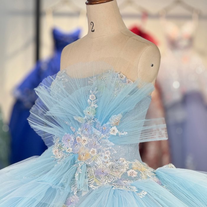 2025 Cinderella Blue Quinceanera Dress Sweet 15 Quinceañera Flowers Vestidos De 15 Años Sequined Beading Lace Evening Party Dress 6871 - Image 3