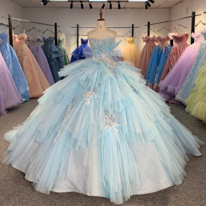 2025 Cinderella Blue Quinceanera Dress Sweet 15 Quinceañera Flowers Vestidos De 15 Años Sequined Beading Lace Evening Party Dress 6871