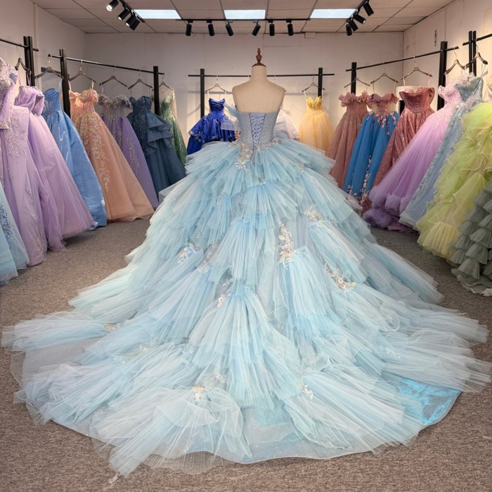 2025 Cinderella Blue Quinceanera Dress Sweet 15 Quinceañera Flowers Vestidos De 15 Años Sequined Beading Lace Evening Party Dress 6871 - Image 2