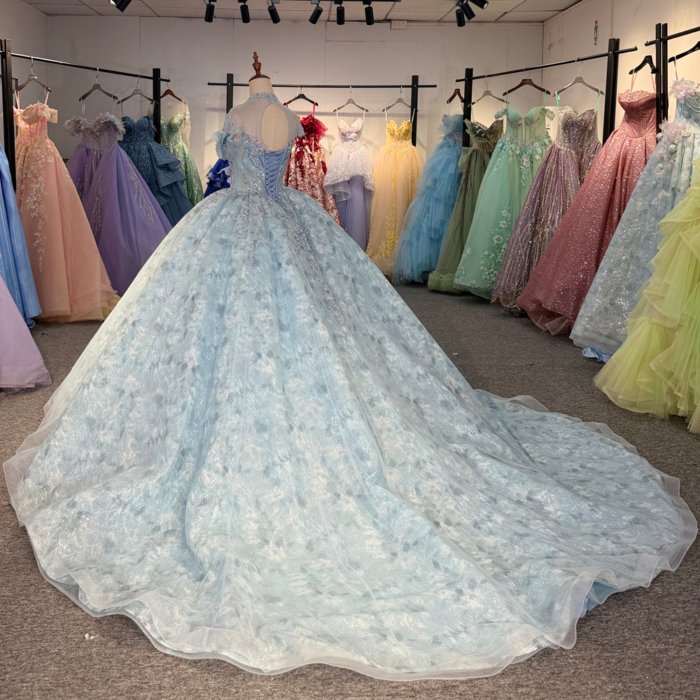 2025 Blue Quinceanera Dress Sweet 15 Quinceañera Flowers Vestidos De 15 Años High Neck Sequined Beading Lace Evening Party Dress 6881 - Image 6