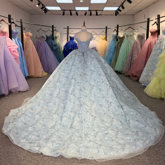 2025 Blue Quinceanera Dress Sweet 15 Quinceañera Flowers Vestidos De 15 Años High Neck Sequined Beading Lace Evening Party Dress 6881 - Image 2