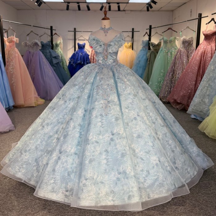 2025 Blue Quinceanera Dress Sweet 15 Quinceañera Flowers Vestidos De 15 Años High Neck Sequined Beading Lace Evening Party Dress 6881