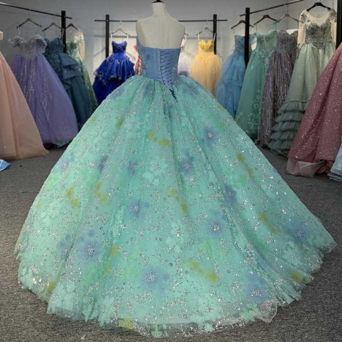 2025 Green Blue Quinceanera Dress Sweet 15 Quinceañera Flowers Vestidos De 15 Años Sequined Beading Lace Evening Party Dress 6884 - Image 6