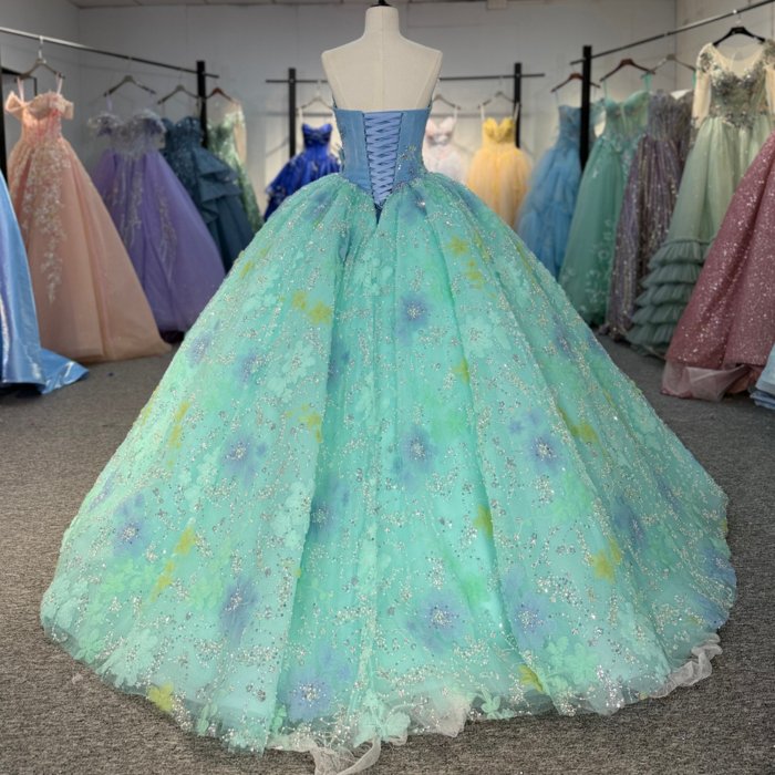 2025 Green Blue Quinceanera Dress Sweet 15 Quinceañera Flowers Vestidos De 15 Años Sequined Beading Lace Evening Party Dress 6884 - Image 2
