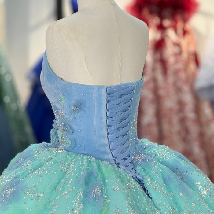 2025 Green Blue Quinceanera Dress Sweet 15 Quinceañera Flowers Vestidos De 15 Años Sequined Beading Lace Evening Party Dress 6884 - Image 4