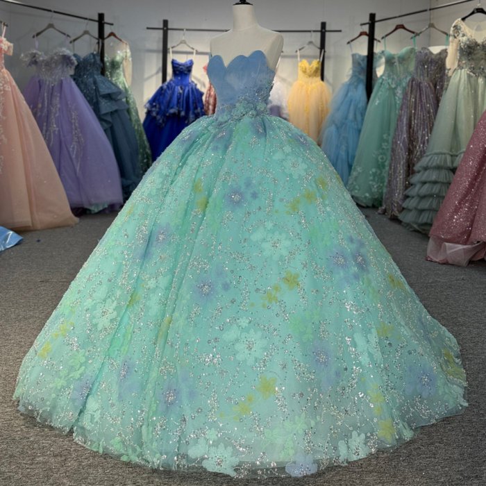 2025 Green Blue Quinceanera Dress Sweet 15 Quinceañera Flowers Vestidos De 15 Años Sequined Beading Lace Evening Party Dress 6884 - Image 5