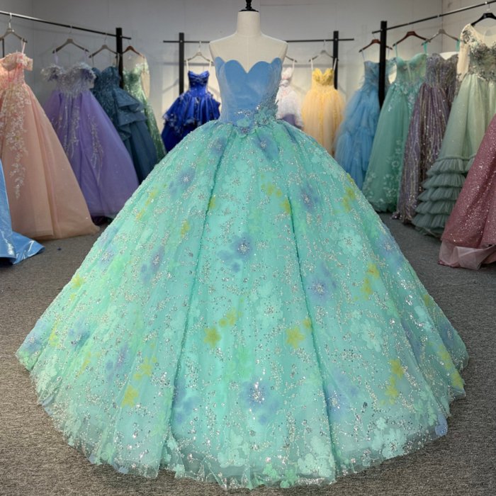 2025 Green Blue Quinceanera Dress Sweet 15 Quinceañera Flowers Vestidos De 15 Años Sequined Beading Lace Evening Party Dress 6884