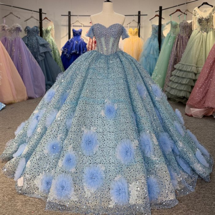 2025 Blue Quinceanera Dress Sweet 15 Quinceañera Flowers Vestidos De 15 Años Sequined Beading Lace Evening Party Dress 6900
