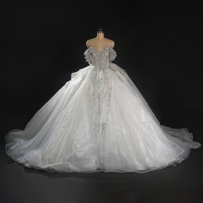 Sparkling Bejeweled Ivory Off Shoulder Ball Gown Wedding Dress Long Trailing Gown Bridal Dress