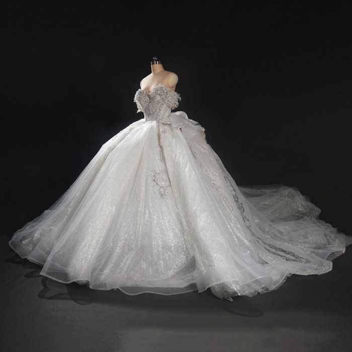 Sparkling Bejeweled Ivory Off Shoulder Ball Gown Wedding Dress Long Trailing Gown Bridal Dress - Image 3