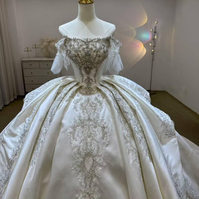 Gorgeous White Wedding Dress Off The Shoulder Beaded Appliques Crystal Lace Up Vestido De Novia - Image 3