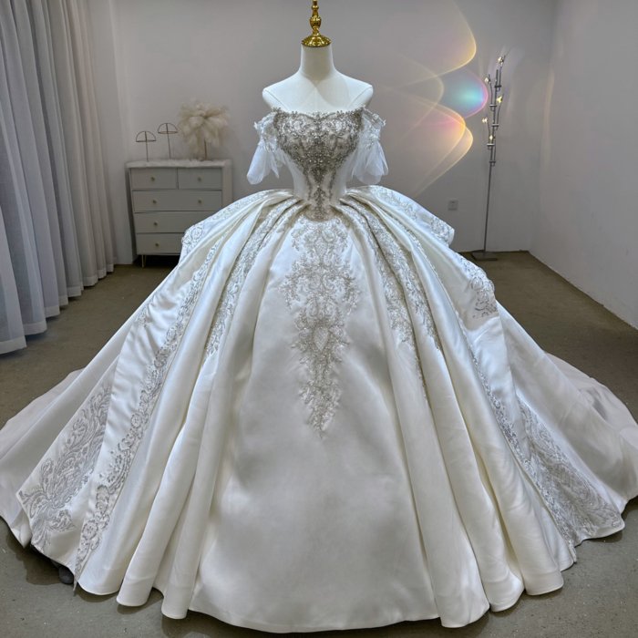 Gorgeous White Wedding Dress Off The Shoulder Beaded Appliques Crystal Lace Up Vestido De Novia