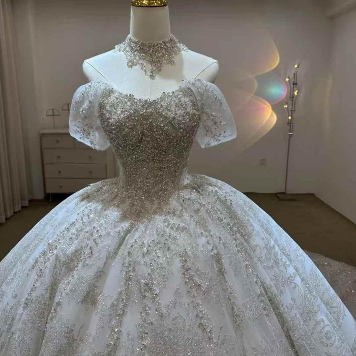 Gorgeous White Wedding Dress Off The Shoulder Beaded Appliques Crystal Lace Up Vestido De Novia - Image 4