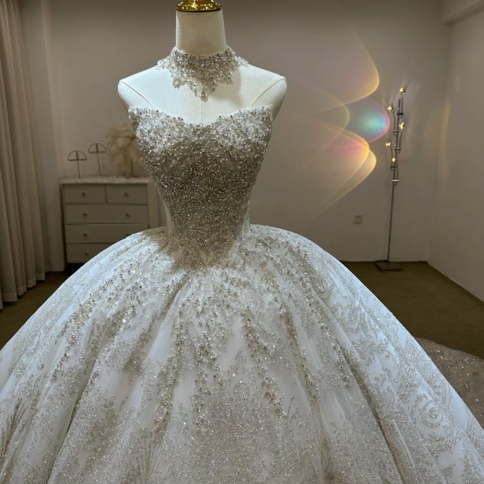 Gorgeous White Wedding Dress Off The Shoulder Beaded Appliques Crystal Lace Up Vestido De Novia - Image 3