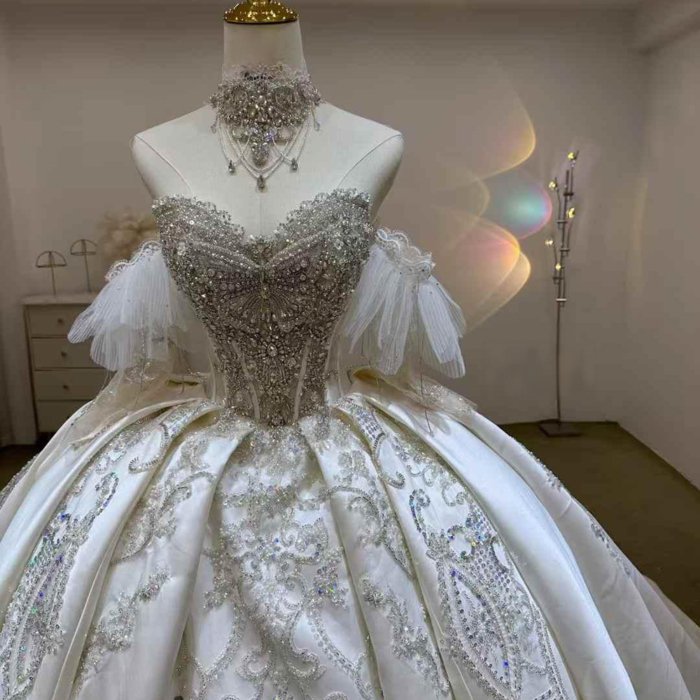 Gorgeous White Wedding Dress Long Sleeve Beaded Appliques Crystal Lace Up Vestido De Novia - Image 3