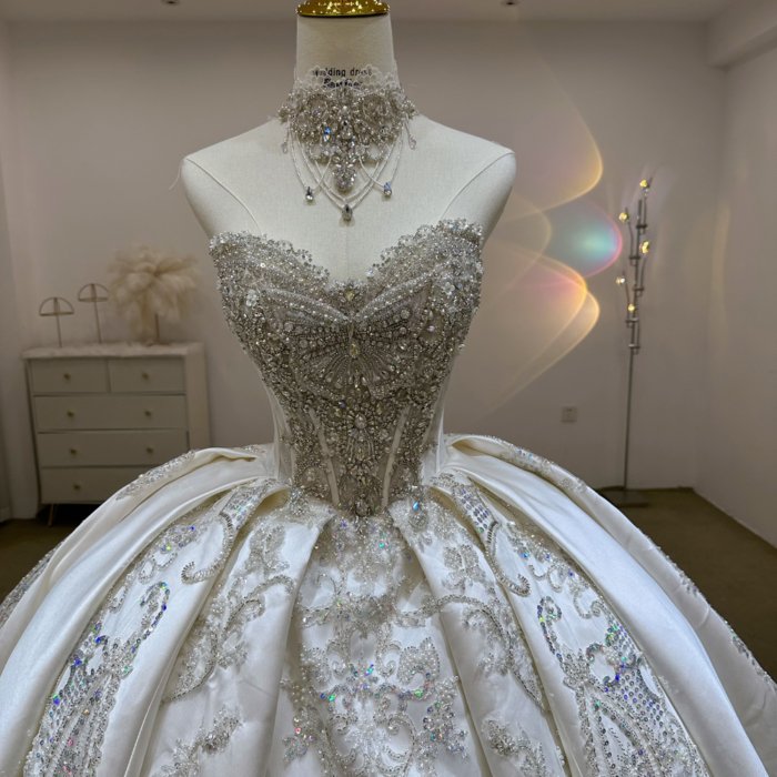 Gorgeous White Wedding Dress Long Sleeve Beaded Appliques Crystal Lace Up Vestido De Novia - Image 4