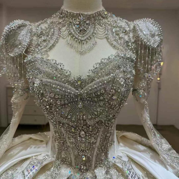Gorgeous White Wedding Dress Long Sleeve Beaded Appliques Crystal Lace Up Vestido De Novia - Image 5