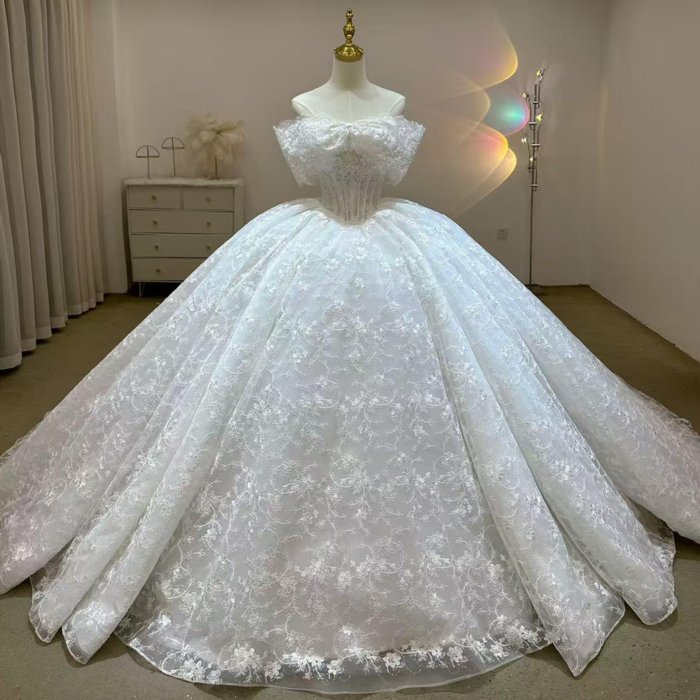 Gorgeous White Wedding Dress Off The Shoulder Lace Appliques Ball Gown Vestido De Novia