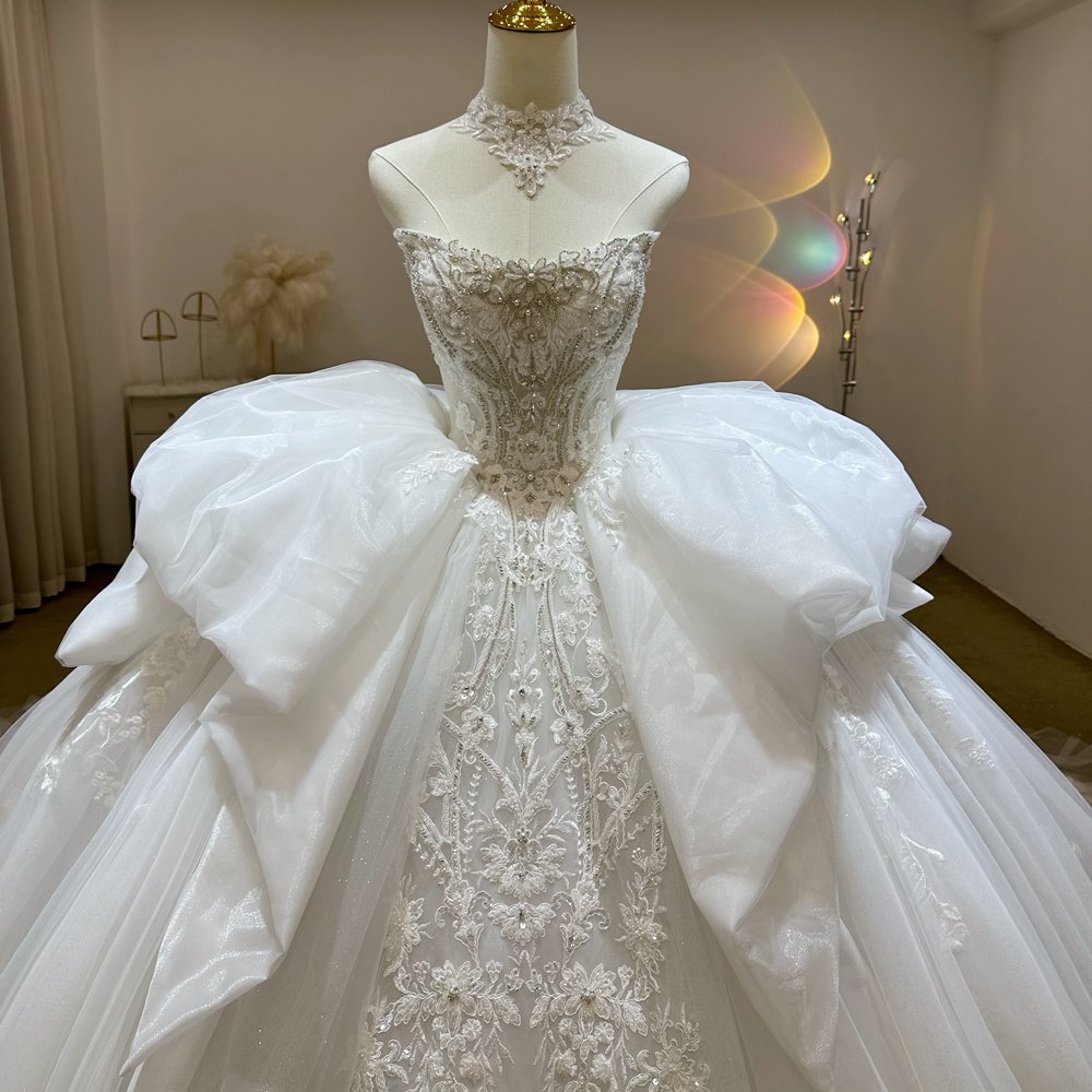 Gorgeous White Wedding Dress Strapless Lace Appliques Big Bow Ball Gown Vestido De Novia - Image 3