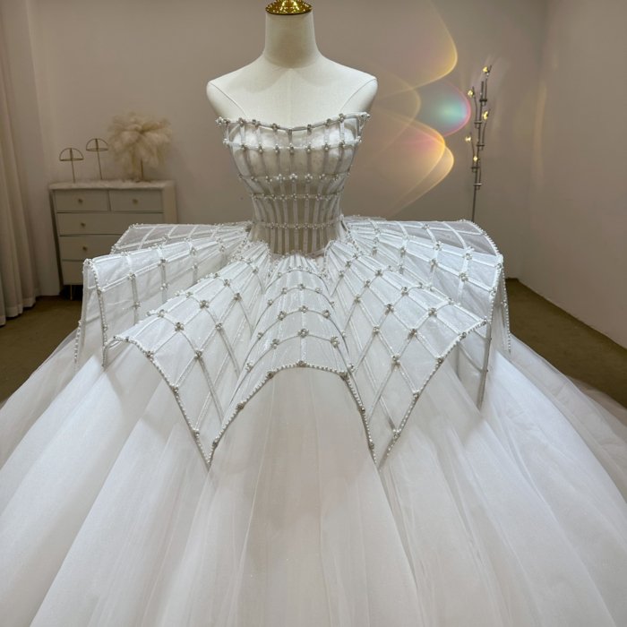 Gorgeous White Wedding Dress Strapless Pearl Beaded Grid Pattern Ball Gown Vestido De Novia - Image 3