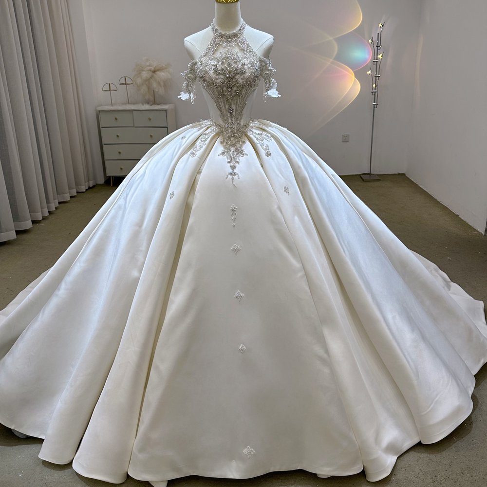 Gorgeous White Wedding Dress High Neck Beaded Appliques Ball Gown Vestido De Novia