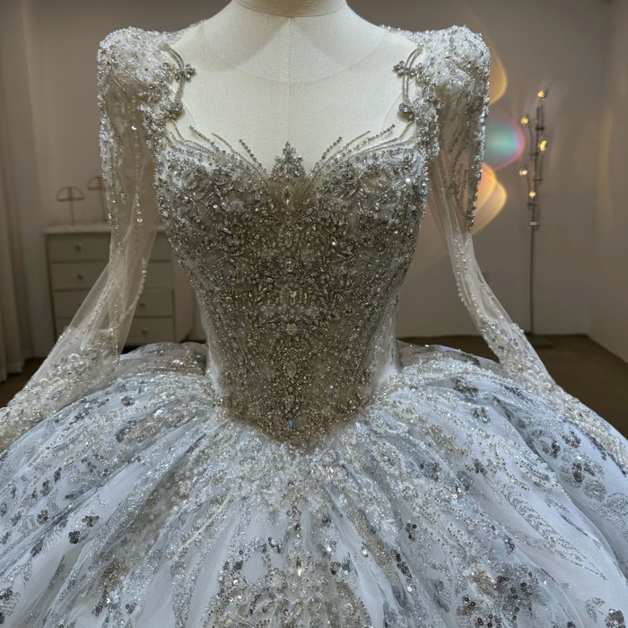 Gorgeous Silver White Wedding Dress Long Sleeve Crystal Beaded Ball Gown Vestido De Novia - Image 3