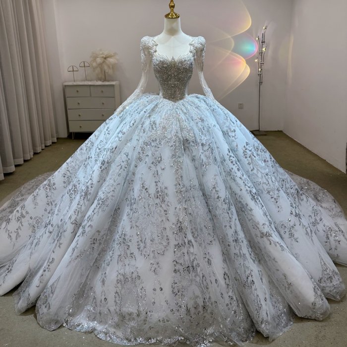 Gorgeous Silver White Wedding Dress Long Sleeve Crystal Beaded Ball Gown Vestido De Novia