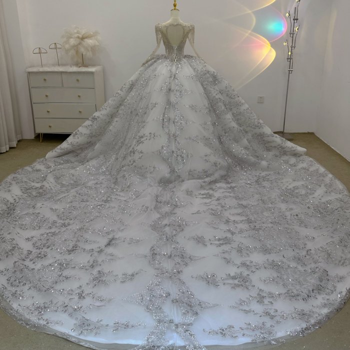 Gorgeous Silver White Wedding Dress Long Sleeve Crystal Beaded Ball Gown Vestido De Novia - Image 2