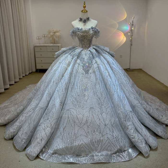 Gorgeous Silver Grey Wedding Dress Off The Shoulder Crystal Beaded Ball Gown Vestido De Novia
