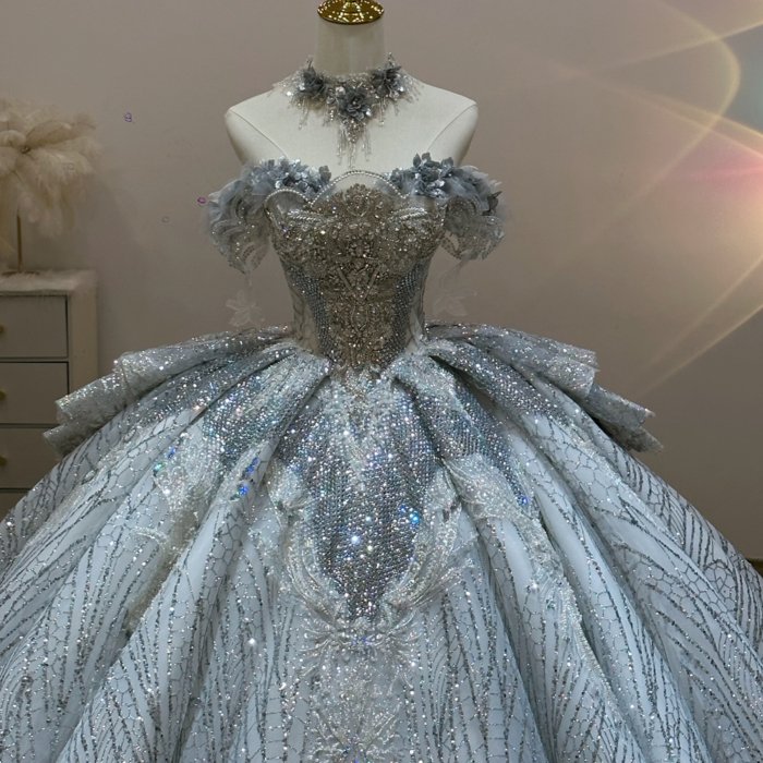 Gorgeous Silver Grey Wedding Dress Off The Shoulder Crystal Beaded Ball Gown Vestido De Novia - Image 3