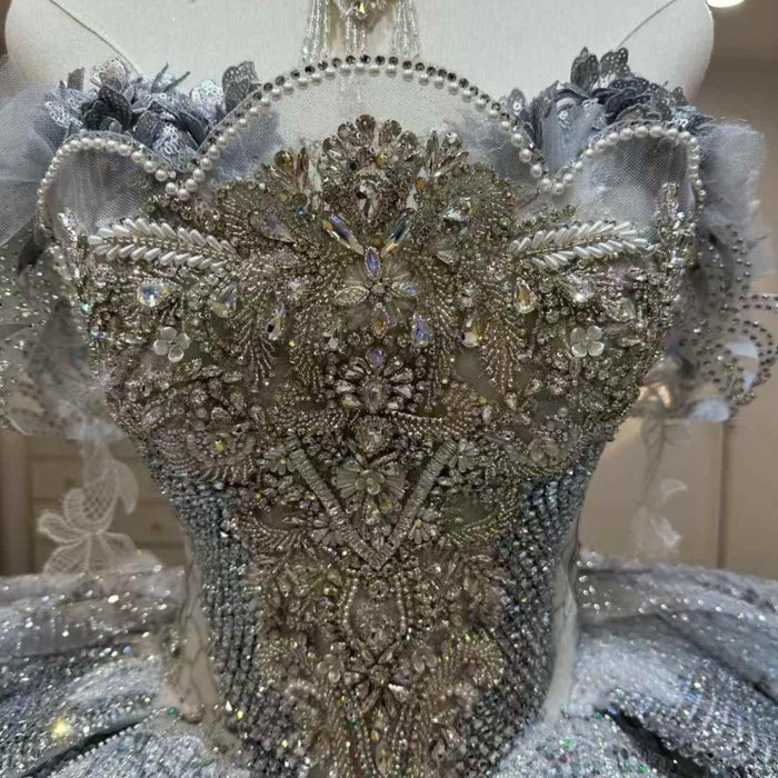 Gorgeous Silver Grey Wedding Dress Off The Shoulder Crystal Beaded Ball Gown Vestido De Novia - Image 4