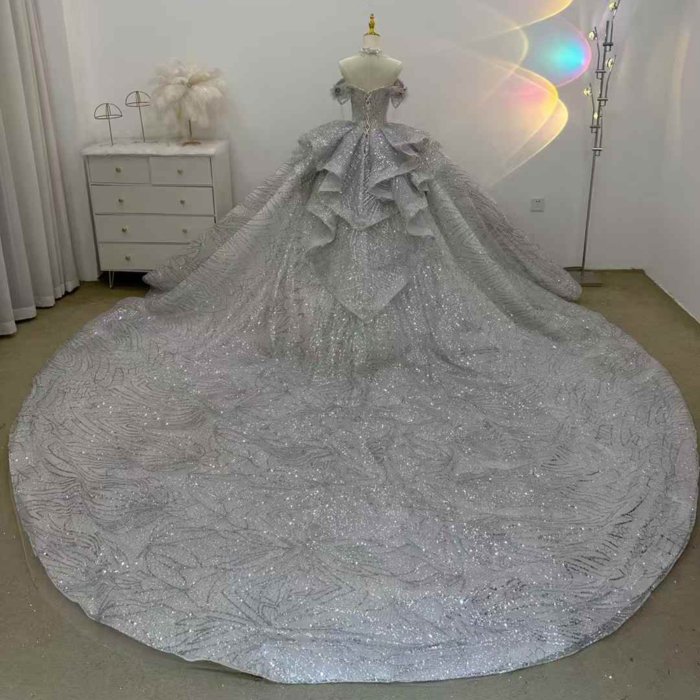 Gorgeous Silver Grey Wedding Dress Off The Shoulder Crystal Beaded Ball Gown Vestido De Novia - Image 2