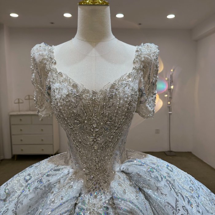 Gorgeous Silver White Wedding Dress Short Sleeve Sequin Beaded Ball Gown Vestido De Novia - Image 3